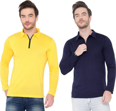 Moordale Solid Men Polo Neck Dark Blue, Yellow T-Shirt