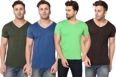 Jaskart Solid Men V Neck Green, Blue, Brown T-Shirt