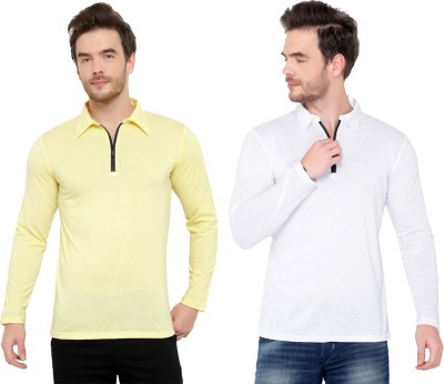 Moordale Solid Men Polo Neck White, Yellow T-Shirt