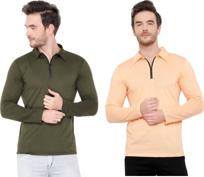 Bribzy Solid Men Polo Neck Green, Beige T-Shirt