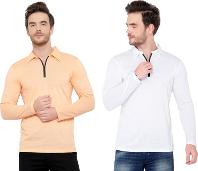 Adorbs Solid Men Polo Neck White, Pink T-Shirt