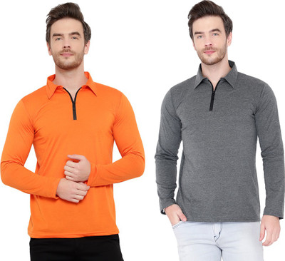 Jaskart Solid Men Polo Neck Orange, Grey T-Shirt