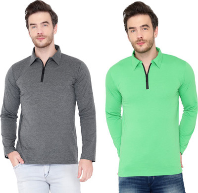 Bribzy Solid Men Polo Neck Green, Grey T-Shirt