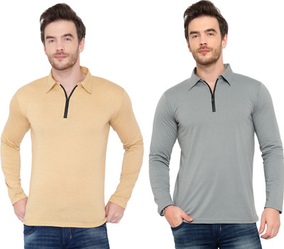 Jaskart Solid Men Polo Neck Silver, Beige T-Shirt