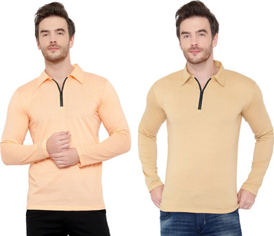 Jangoboy Solid Men Polo Neck Beige T-Shirt