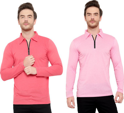 Moordale Solid Men Polo Neck Pink T-Shirt
