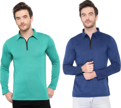 Moordale Solid Men Polo Neck Light Blue, Light Green T-Shirt