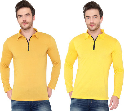 Jaskart Solid Men Polo Neck Gold, Yellow T-Shirt