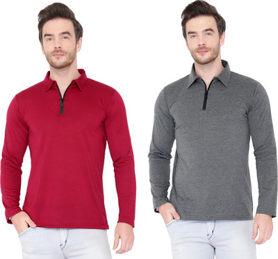 Moordale Solid Men Polo Neck Maroon, Grey T-Shirt