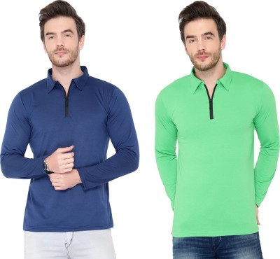 Bribzy Solid Men Polo Neck Light Blue, Green T-Shirt