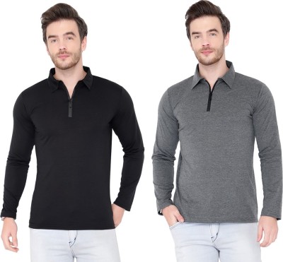 Tivy Solid Men Polo Neck Black, Grey T-Shirt