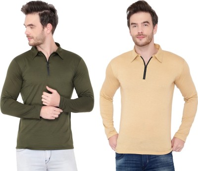 Behemoth Solid Men Polo Neck Green, Beige T-Shirt