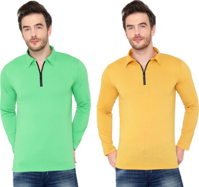 Jaskart Solid Men Polo Neck Green, Yellow T-Shirt