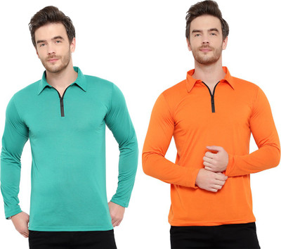 Moordale Solid Men Polo Neck Orange, Light Green T-Shirt