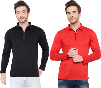 Moordale Solid Men Polo Neck Red, Black T-Shirt