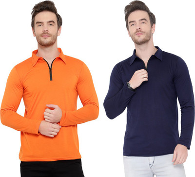 Adorbs Solid Men Polo Neck Dark Blue, Orange T-Shirt
