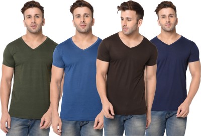 Unite Wear Solid Men V Neck Green, Blue, Brown T-Shirt