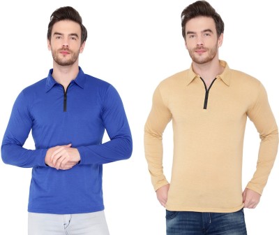 Unite Wear Solid Men Polo Neck Blue, Beige T-Shirt