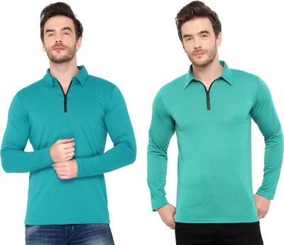 Moordale Solid Men Polo Neck Green, Blue T-Shirt
