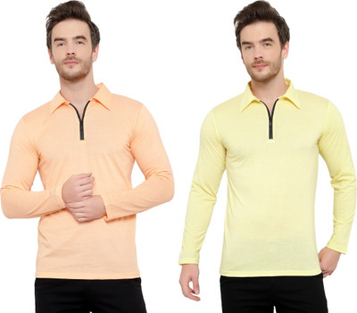 Moordale Solid Men Polo Neck Beige, Yellow T-Shirt