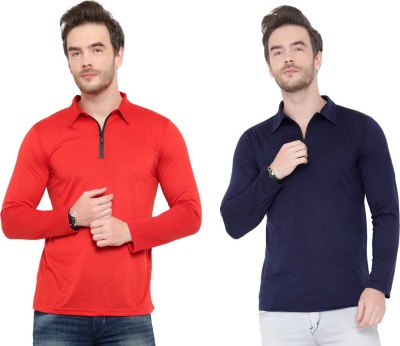 Jaskart Solid Men Polo Neck Dark Blue, Red T-Shirt