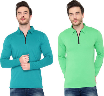 Moordale Solid Men Polo Neck Blue, Light Green T-Shirt