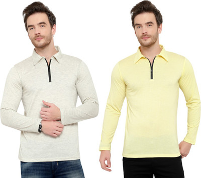 Jangoboy Solid Men Polo Neck Grey, Yellow T-Shirt