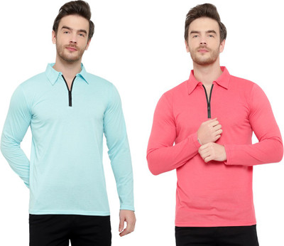 Tivy Solid Men Polo Neck Blue, Pink T-Shirt