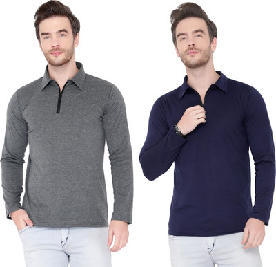 Adorbs Solid Men Polo Neck Dark Blue, Grey T-Shirt