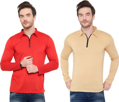 Jaskart Solid Men Polo Neck Red, Beige T-Shirt