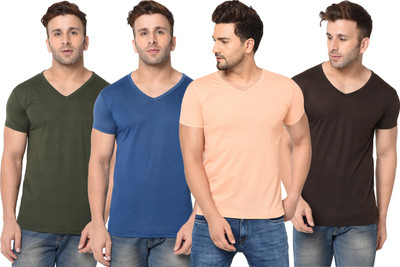 Tivy Solid Men V Neck Multicolor T-Shirt