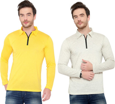 Tivy Solid Men Polo Neck Grey, Yellow T-Shirt