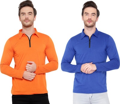 Adorbs Solid Men Polo Neck Blue, Orange T-Shirt