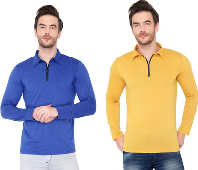 Jaskart Solid Men Polo Neck Blue, Yellow T-Shirt