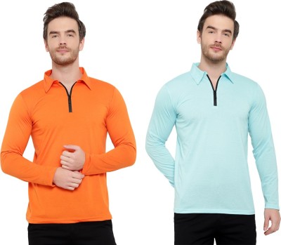 Moordale Solid Men Polo Neck Blue, Orange T-Shirt