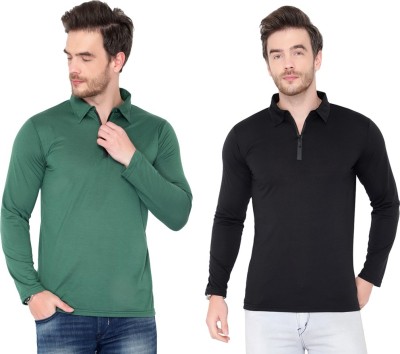 Jangoboy Solid Men Polo Neck Dark Green, Black T-Shirt