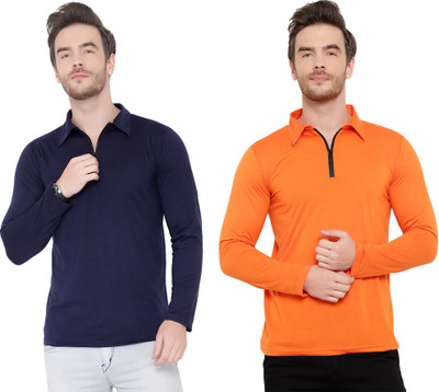 Adorbs Solid Men Polo Neck Dark Blue, Orange T-Shirt