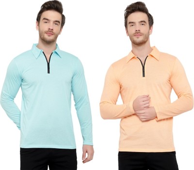 Bribzy Solid Men Polo Neck Light Blue, Orange T-Shirt