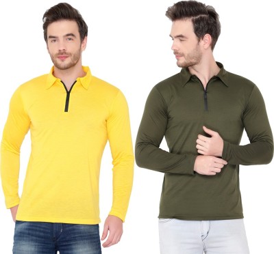 Behemoth Solid Men Polo Neck Green, Yellow T-Shirt