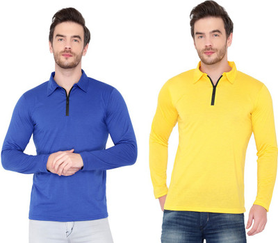 Moordale Solid Men Polo Neck Blue, Yellow T-Shirt