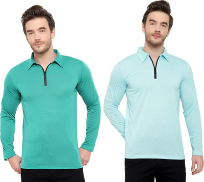 Adorbs Solid Men Polo Neck Blue, Light Green T-Shirt