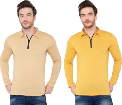 Moordale Solid Men Polo Neck Beige, Yellow T-Shirt