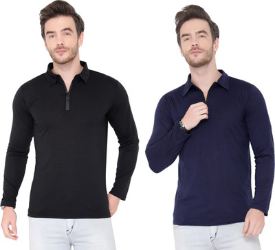 Moordale Solid Men Polo Neck Dark Blue, Black T-Shirt