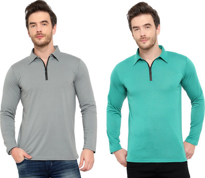 Adorbs Solid Men Polo Neck Grey, Light Green T-Shirt
