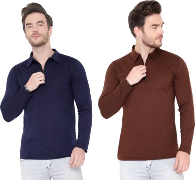 Jaskart Solid Men Polo Neck Dark Blue, Brown T-Shirt