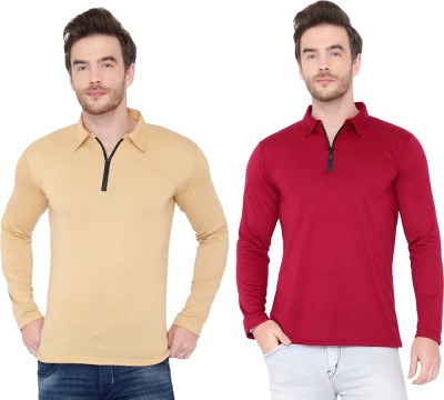 Adorbs Solid Men Polo Neck Maroon, Beige T-Shirt