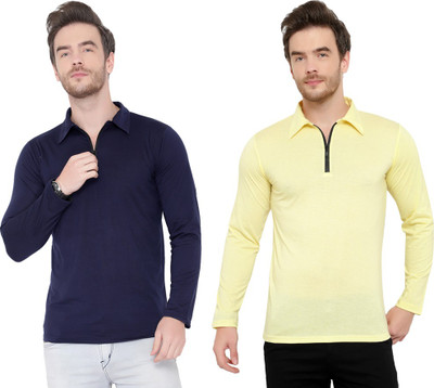 Jangoboy Solid Men Polo Neck Dark Blue, Yellow T-Shirt