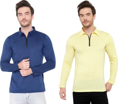 Bribzy Solid Men Polo Neck Light Blue, Yellow T-Shirt