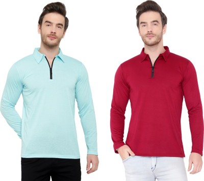 Bribzy Solid Men Polo Neck Blue, Maroon T-Shirt