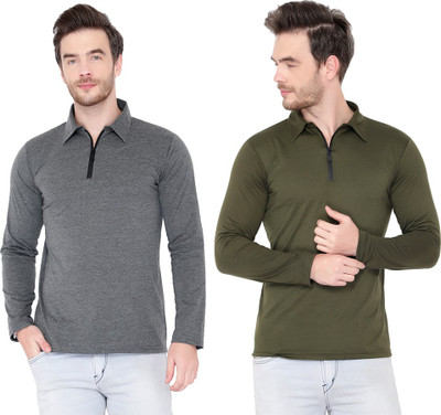 Bribzy Solid Men Polo Neck Dark Green, Grey T-Shirt